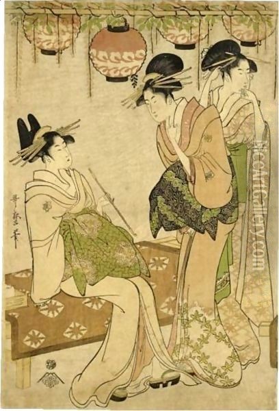 'Fujidana Shita No Tayu' (Tayu Beneath A Shelf Of Wisteria) Oil Painting - Kitagawa Utamaro