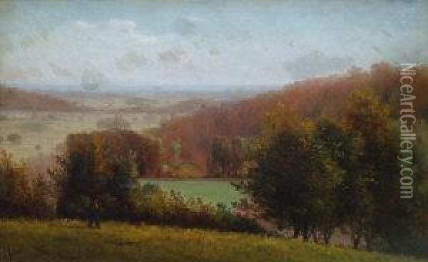 Figure On A Hillside With Fields And A Woodland Valley Beyond Oil Painting - James Aumonier