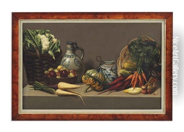 Vegetables And Baskets On A Ledge Oil Painting - Paul Rink