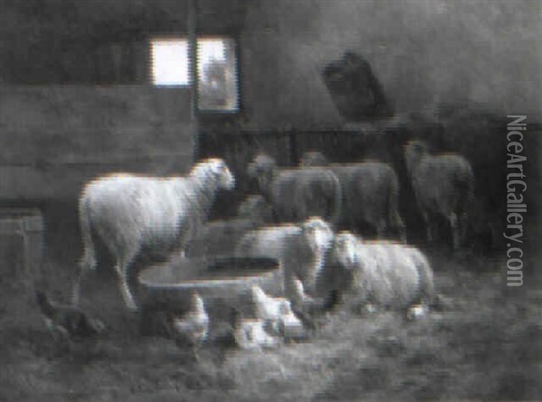 Chickens And Sheep In A Stable Oil Painting - Cornelis van Leemputten
