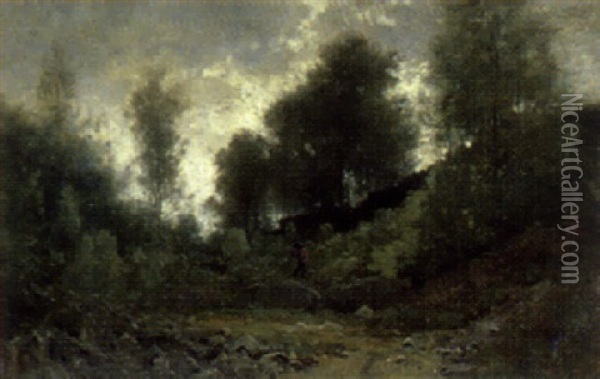 Bachbett Im Wald Mit Jager Oil Painting - Gustave Castan