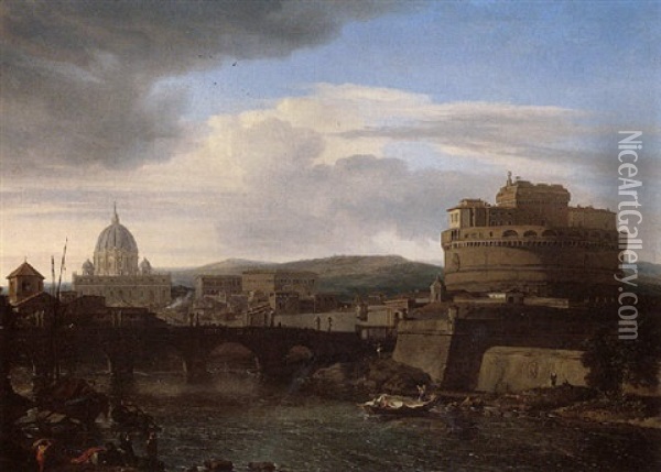 Rome, A View From The East Bank Of The Tiber Looking Downstream Towards Saint Peter's Basilica Oil Painting - Isaac de Moucheron