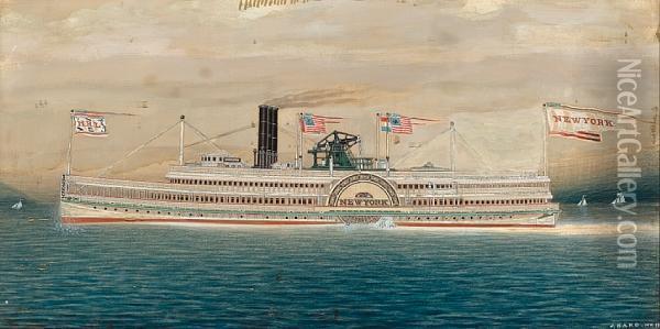 The Hudson River Paddle Steamer Oil Painting - James Bard