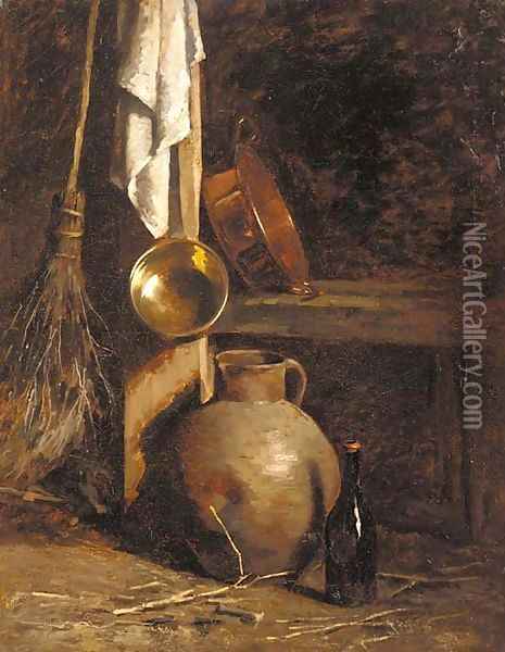 An earthenware jug, a bottle, copper pans and a broom in the corner of a barn Oil Painting - Henri Adolphe Laissement