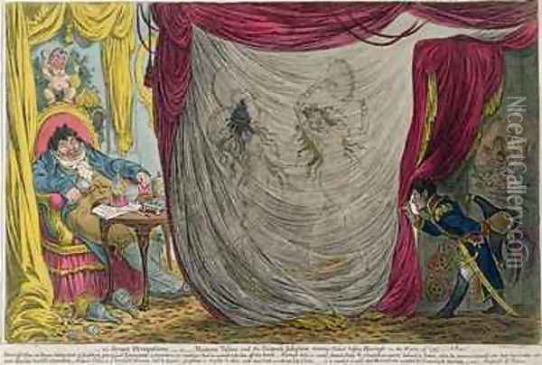 Ci devant Occupations or Madame Talian and the Empress Josephine Dancing Naked before Barrass in the Winter of 1797 Oil Painting - James Gillray