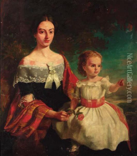 Portrait Of Mrs Threshie And Her
 Daughter Luary Helen Threshie,three-quarter-length, The Mother In A 
Black Dress With Lacetrimming, Holding A Rose, And The Child Seated On 
Her Lap In Awhite Dress, In A Landscape Oil Painting - Thomas Musgrove Joy