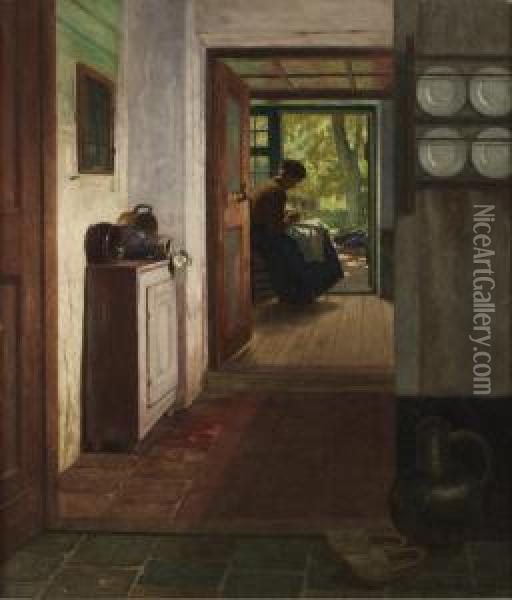 Interior Med Handarbetande Kvinna Oil Painting - Henrik Nordenberg