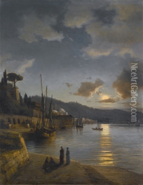 A Turkish Harbour By Moonlight Oil Painting - Daniel Hermann Anton Melbye