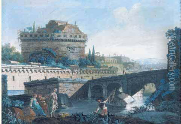 Pont Sur Le Tibre Pres Du Chteau Saint-ange Oil Painting - Francesco Caccianiga