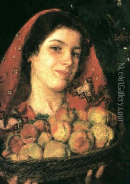 Portrait Of A Woman Holding A Basket Of Peaches Oil Painting - Gaetano Bellei