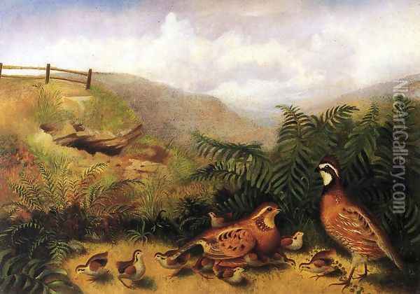 Landscape with Quail - Cock, Hen and Chickens Oil Painting - Rubens Peale