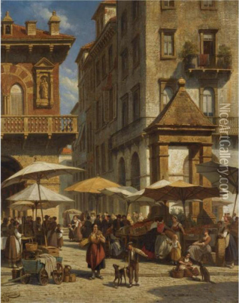 Piazza Delle Erbe, Verona Oil Painting - Jacques Carabain