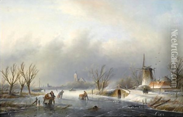Skaters On A Frozen Waterway Oil Painting - Jan Jacob Coenraad Spohler