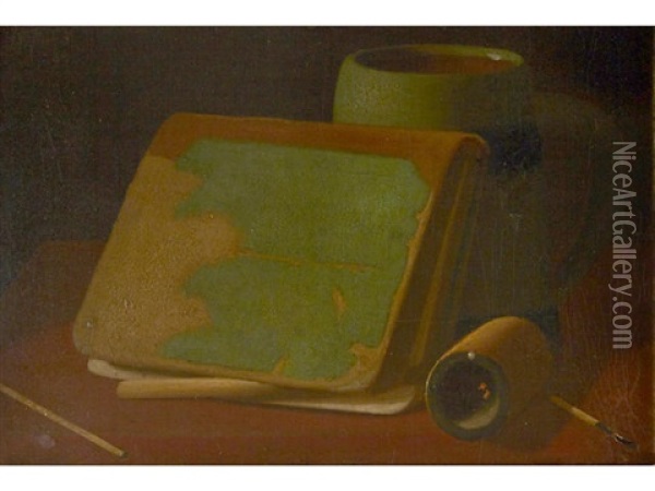 Book Leaning Against A Mug Oil Painting - John Frederick Peto