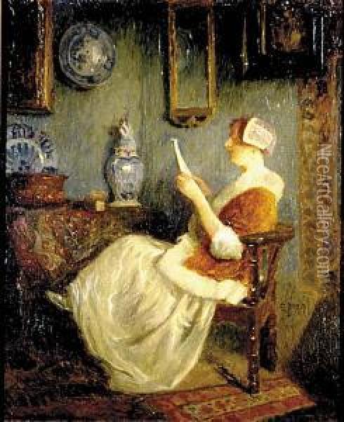 Interior With Lady Reading Oil Painting - Carl Duxa