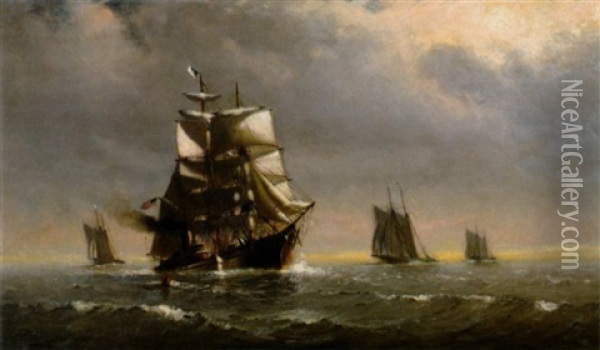 American Clipper Ship Under Sail With Tugboat Oil Painting - Marshall Johnson