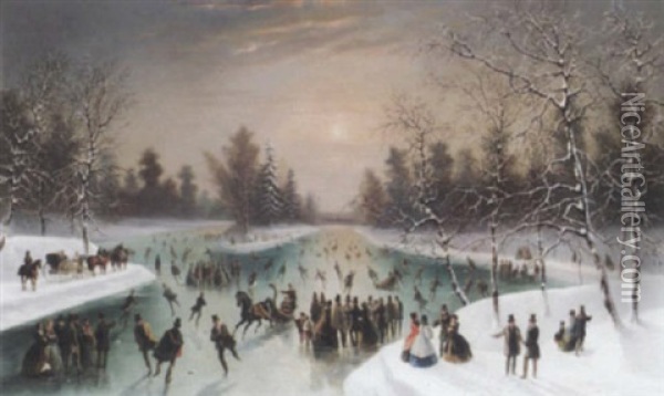 Skaters In A Snowy Landscape Oil Painting - Louis-Claude Malbranche