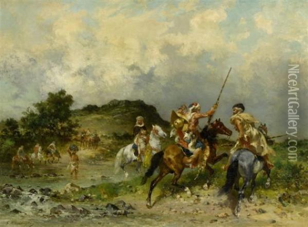 Arab Riders Before A Broad Shore Landscape Oil Painting - Georges Washington