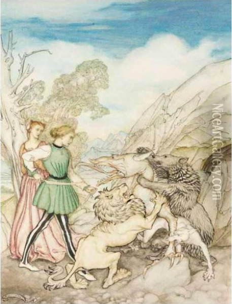 Cesarino And The Dragon Oil Painting - Arthur Rackham