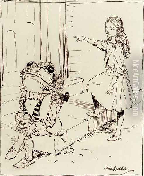 Alice And The Frog Footman Oil Painting - Arthur Rackham