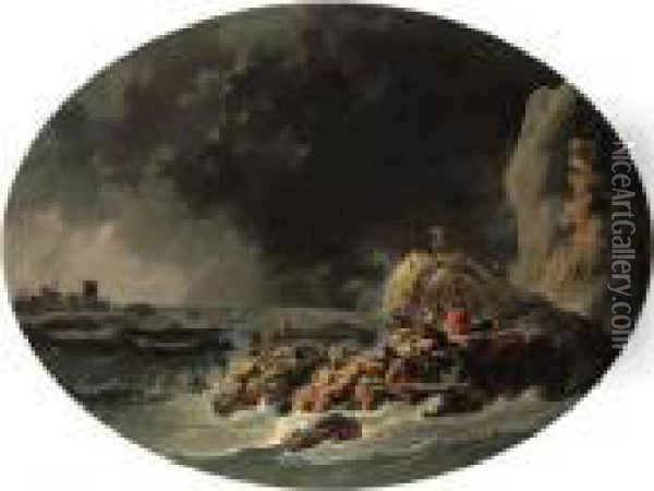 A Rocky Coast By The Mouth Of The Tagus, With Survivors From Ashipwreck Near A Tower Oil Painting - Jean-Baptiste Pillement