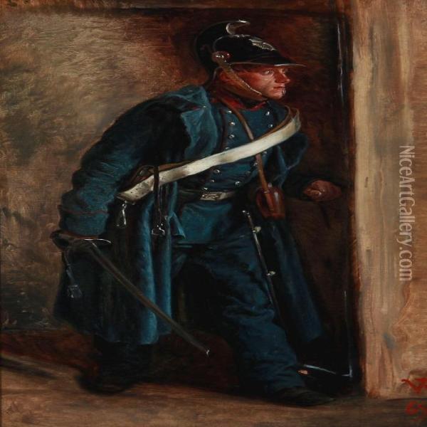 A Soldier Seeking Refuge In A Peasant Hut Oil Painting - Vilhelm J. Rosenstand
