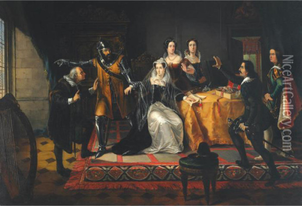 Mary, Queen Of Scots, And Entourage Oil Painting - Cornelius Krieghoff