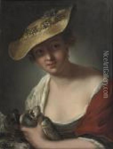 A Woman With Doves Oil Painting - Antoine Pesne