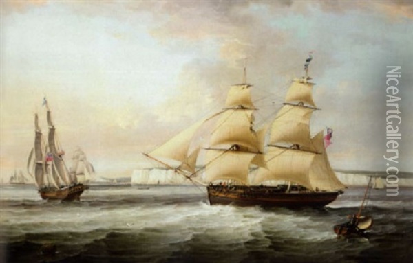 A Ship In Two Positions Off Flamborough Head Oil Painting - Sir George Chambers