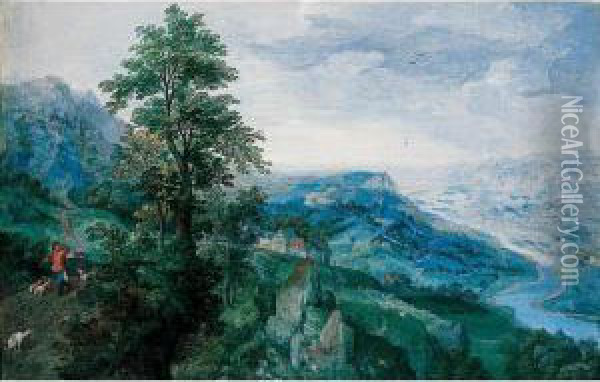 A Panoramic Landscape Of A River
 Valley, With A Sportsman On A Road To The Left, And A Village In The 
Centre Oil Painting - Hans Bol