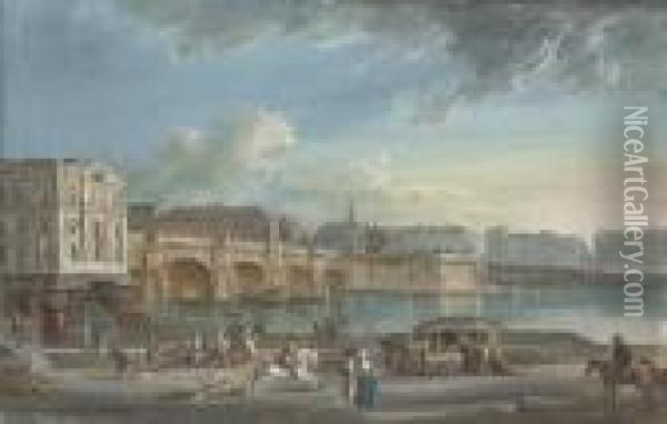 View Of The Pont Neuf From The Quai Du Louvre, Paris Oil Painting - Jean-Baptiste Lallemand