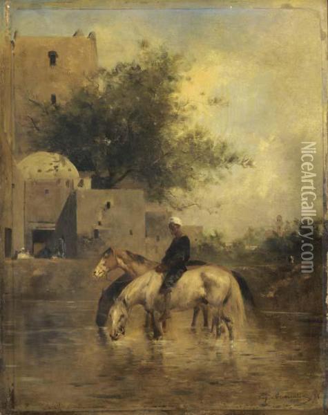 Horses Watering In A River Oil Painting - Eugene Fromentin
