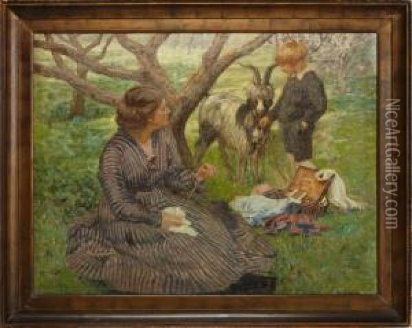 Mor Och Barn I Sommarlandskap Oil Painting - Luplau Janssen