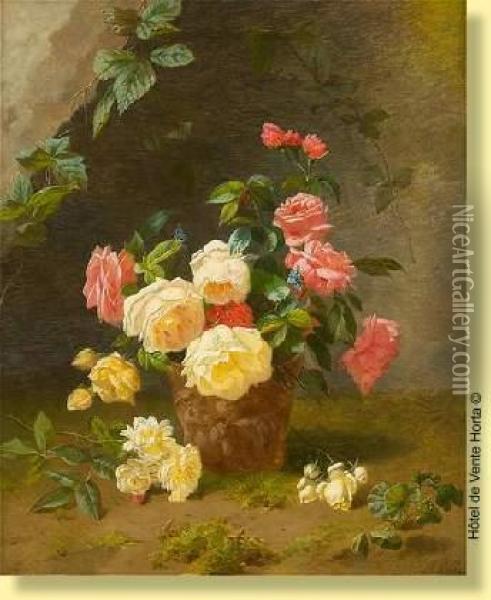 Pot De Terre Cuite Agremente De Roses Oil Painting - Henri Robbe