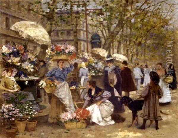 Mercado De Flores En Paris (the Flower Market, Paris) Oil Painting - Francisco Miralles y Galup
