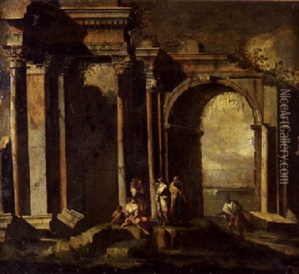 Reunion De Personnages Au Pied Des Ruines D'un Temple Antique Oil Painting - Giovanni Ghisolfi