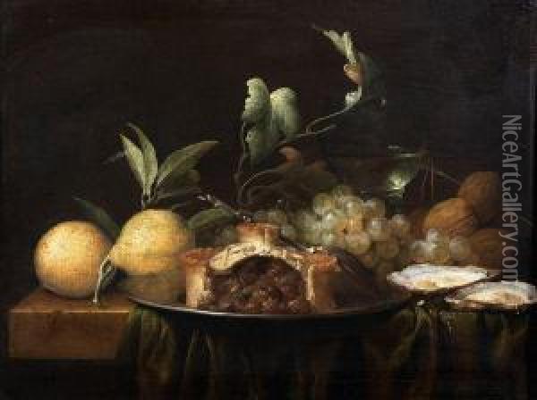 Nature Morte Aux Citrons, Tourte Et Huitres Oil Painting - Joris Van Son