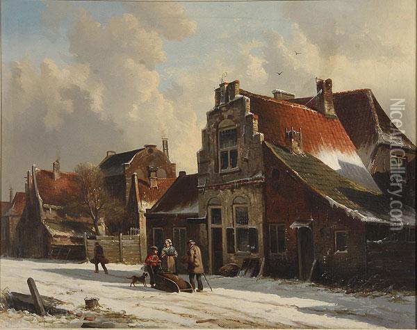 A Dutch Village In Winter Oil Painting - Adrianus Eversen
