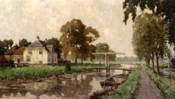 A Polder Landscape With A Draw-bridge Oil Painting - Gerard Delfgaauw