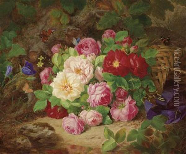 Bouquet Of Roses On A Woodland Floor With Butterflies Oil Painting - Josef Lauer
