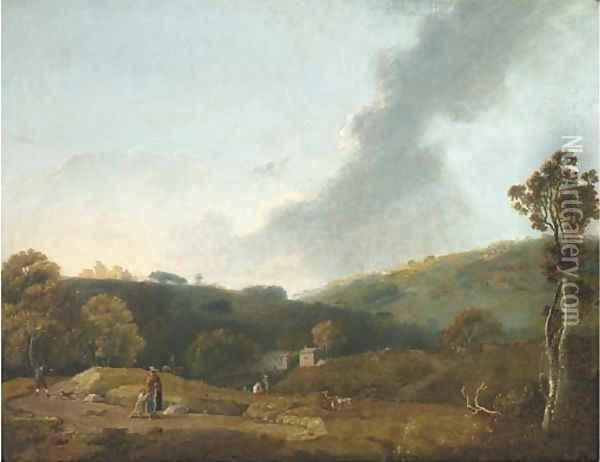 Figures in a landscape with a farmhouse beyond Oil Painting - Joseph Browne