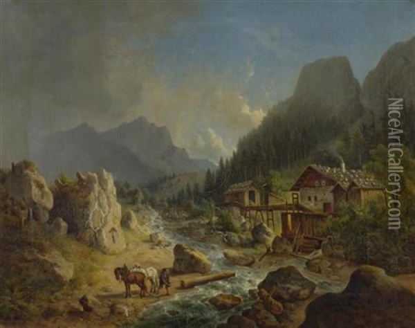 Gebirgslandschaft Mit Bach Oil Painting - Franz Xaver Von Hofstetten