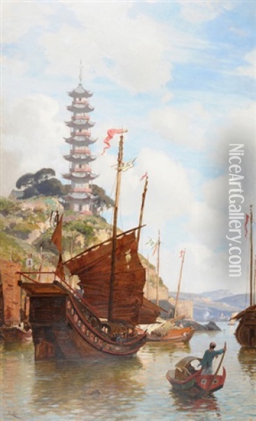 Blick Auf Die Whampoa Pagode Am Perlfluss In Der Provinz Canton/sudchina Oil Painting - Jean Henri Zuber