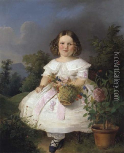 Portrait Eines Madchen Mit Blumenkorb Vor Einer Landschaft Oil Painting - Eduard Ritter