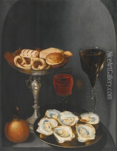 Still Life Of Oysters On A Pewter Plate, Sweetmeats And Biscuits In A Silver Tazza, Two Facon-de-venise Wine Glasses And An Orange, In A Stone Niche Oil Painting - Osias Beert the Elder