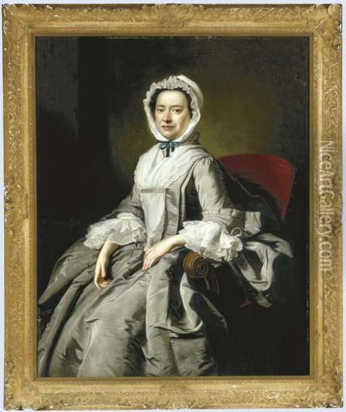 Portrait Of A Lady, Three-quarter Length, Seated In A Grey Silkdress And White Bonnet Oil Painting - Thomas Hudson