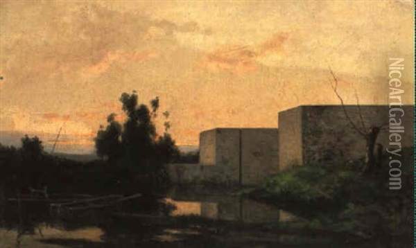 An Der Schleuse Von Optevoz Bei Sonnenuntergang Oil Painting - Jules Dupre