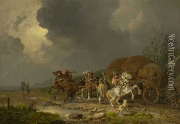 Heuwagen Im Gewitter Oil Painting - Heinrich Buerkel