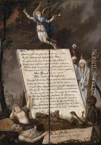 Allegorical Depiction Of A Dying Man Showna Board Inscribed With A Prayer Oil Painting - Auguste Joron