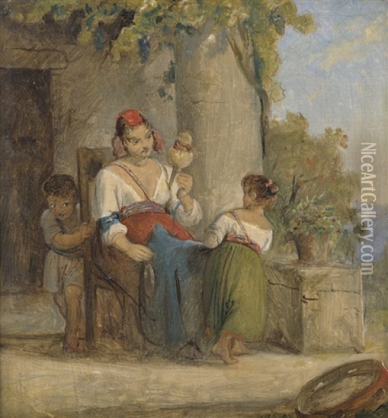 Italienerin Mit Spindel Und Zwei Spielenden Kindern Unter Der Pergola Oil Painting - Ernst Meyer